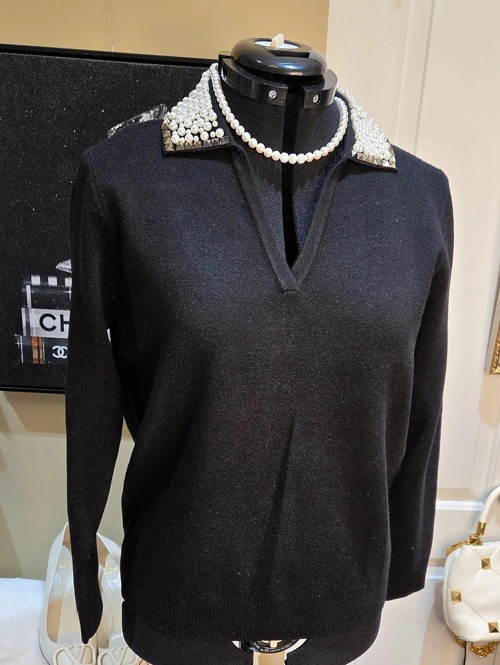 Nwt M LIV Milano Embellished Collar Sweater in Black